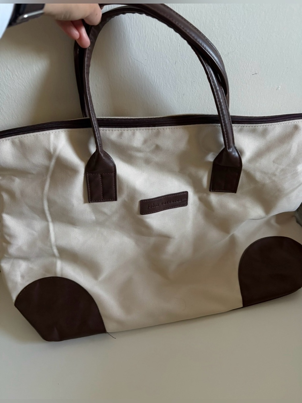 🤎JOHN VARVATOS- Canvas & Brown Faux Leather Large Tote Bag Travel Weekender